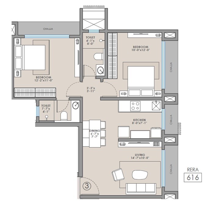 Floor plan of 2 BHK 616 Sq. Ft. Apartment in Shreejee Skymont Siddhi, Mumbai