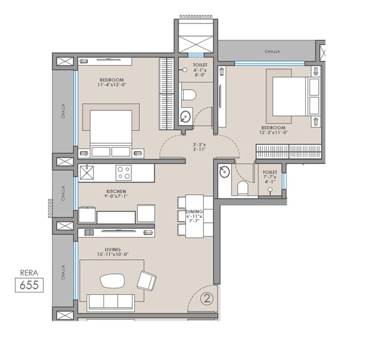 Floor plan of 2 BHK 655 Sq. Ft. Apartment in Shreejee Skymont Siddhi, Mumbai
