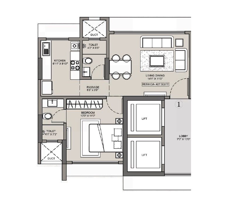 Floor plan of 1 BHK 427 Sq. Ft. Apartment in Shreejee The New Anand Deep CHS, Mumbai