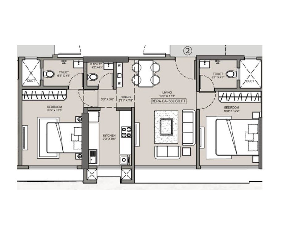 Floor plan of 2 BHK 632 Sq. Ft. Apartment in Shreejee The New Anand Deep CHS, Mumbai