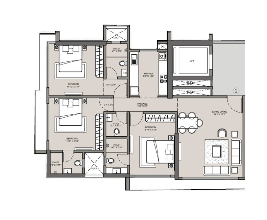 Floor plan of 3 BHK 803 Sq. Ft. Apartment in Shreejee The New Anand Deep CHS, Mumbai