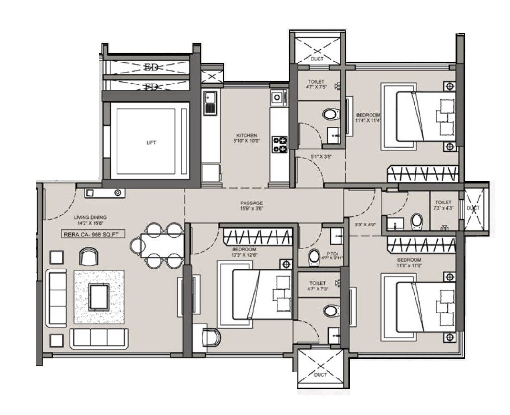 Floor plan of 3 BHK 968 Sq. Ft. Apartment in Shreejee The New Anand Deep CHS, Mumbai