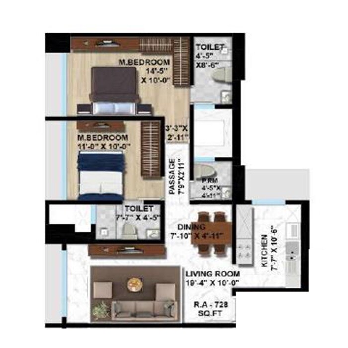 Floor plan of 2 BHK 728 Sq. Ft. Apartment in Shreeji Aikyam, Mumbai