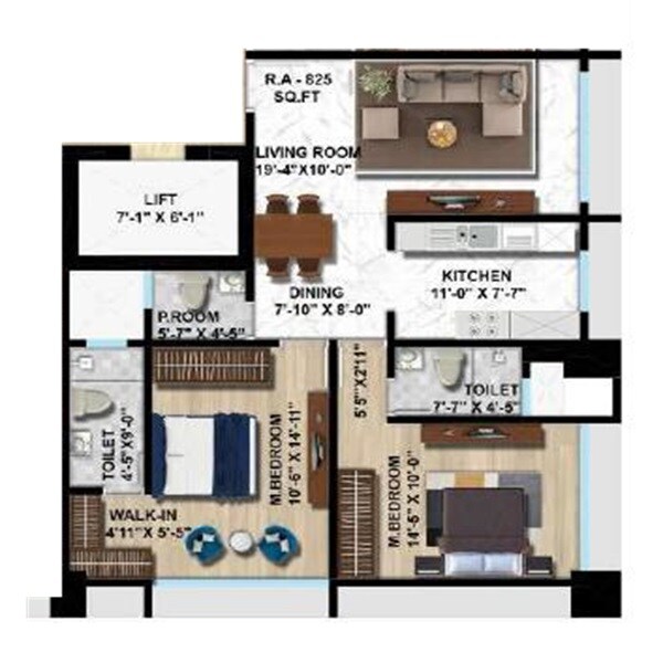 Floor plan of 2 BHK 825 Sq. Ft. Apartment in Shreeji Aikyam, Mumbai