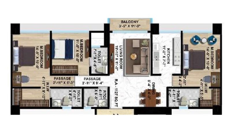 Floor plan of 3 BHK 1127 Sq. Ft. Apartment in Shreeji Aikyam, Mumbai