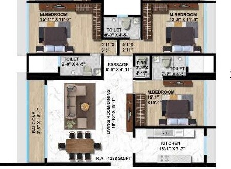 Floor plan of 3 BHK 1288 Sq. Ft. Apartment in Shreeji Aikyam, Mumbai
