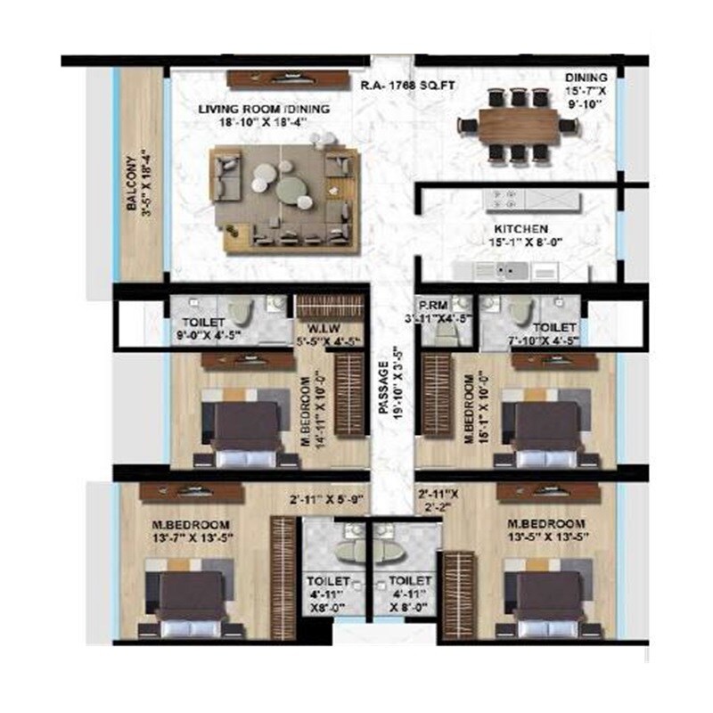 Floor plan of 4 BHK 1768 Sq. Ft. Apartment in Shreeji Aikyam, Mumbai