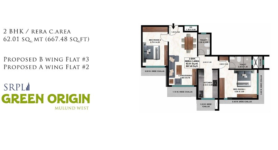 Floor plan of 2 BHK 667 Sq. Ft. Apartment in Shreeji Green Origin, Mumbai