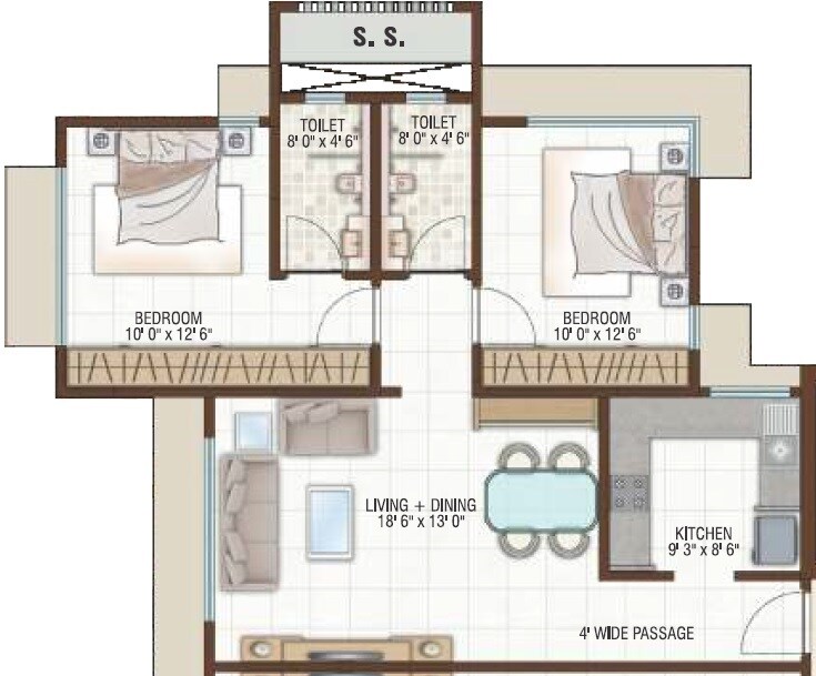 Floor plan of 2 BHK 764 Sq. Ft. Apartment in Shreeji Harmony, Mumbai
