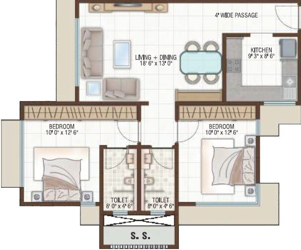 Floor plan of 2 BHK 788 Sq. Ft. Apartment in Shreeji Harmony, Mumbai