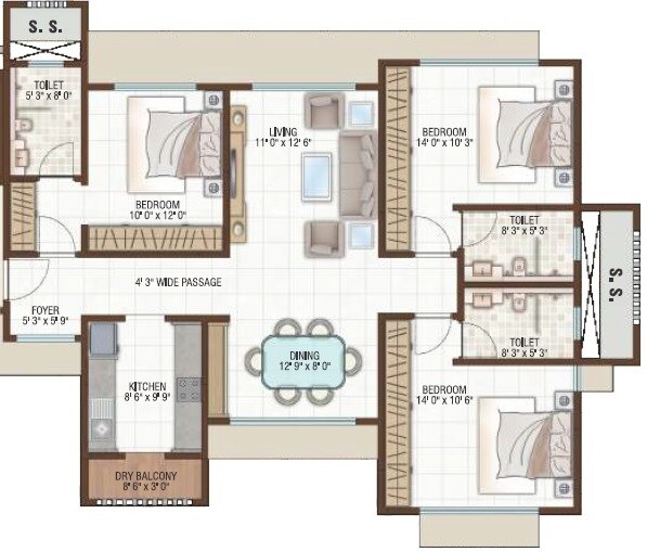 Floor plan of 3 BHK 1150 Sq. Ft. Apartment in Shreeji Harmony, Mumbai