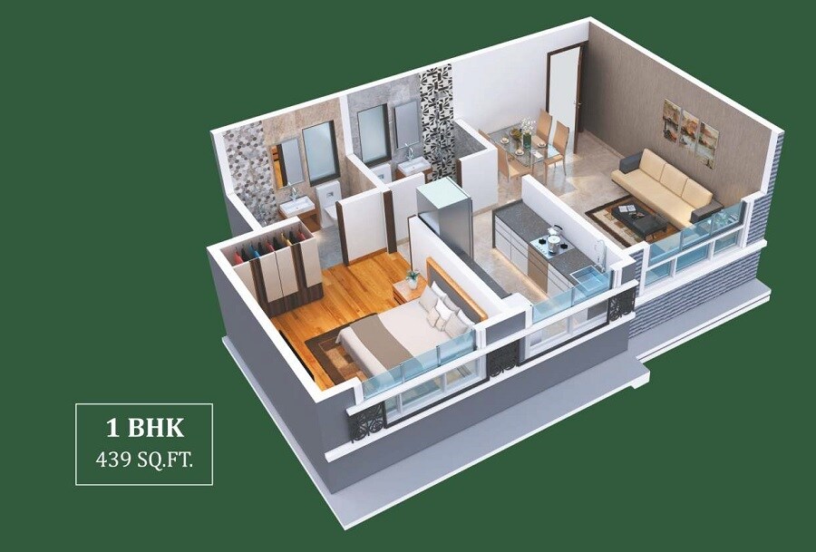 Floor plan of 1 BHK 439 Sq. Ft. Apartment in Shreeji Meadows 83, Mumbai