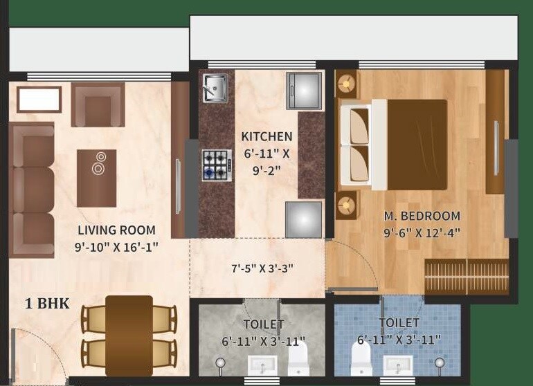 Floor plan of 1 BHK 504 Sq. Ft. Apartment in Shreeji Meadows 83, Mumbai