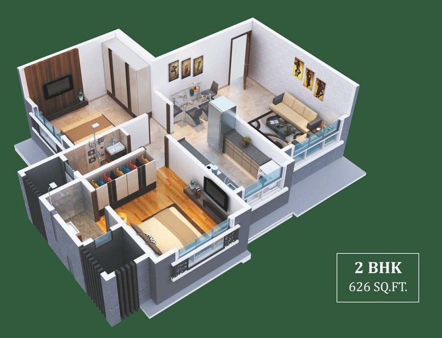 Floor plan of 2 BHK 626 Sq. Ft. Apartment in Shreeji Meadows 83, Mumbai
