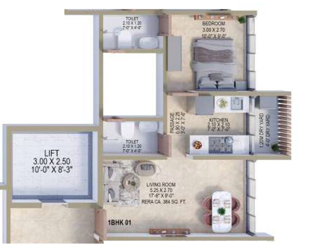 Floor plan of 1 BHK 384 Sq. Ft. Apartment in Shreeji Nakshtra, Mumbai