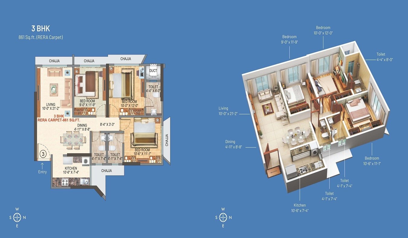 Floor plan of 3 BHK 861 Sq. Ft. Apartment in Shreeji Paradise Mumbai, Mumbai