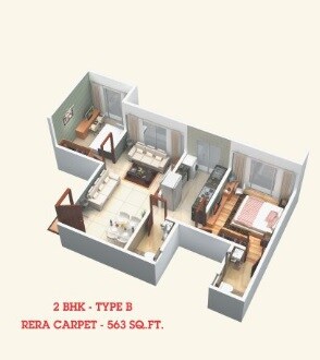 Floor plan of 2 BHK 563 Sq. Ft. Apartment in Shreeji Royal Samarpan, Mumbai