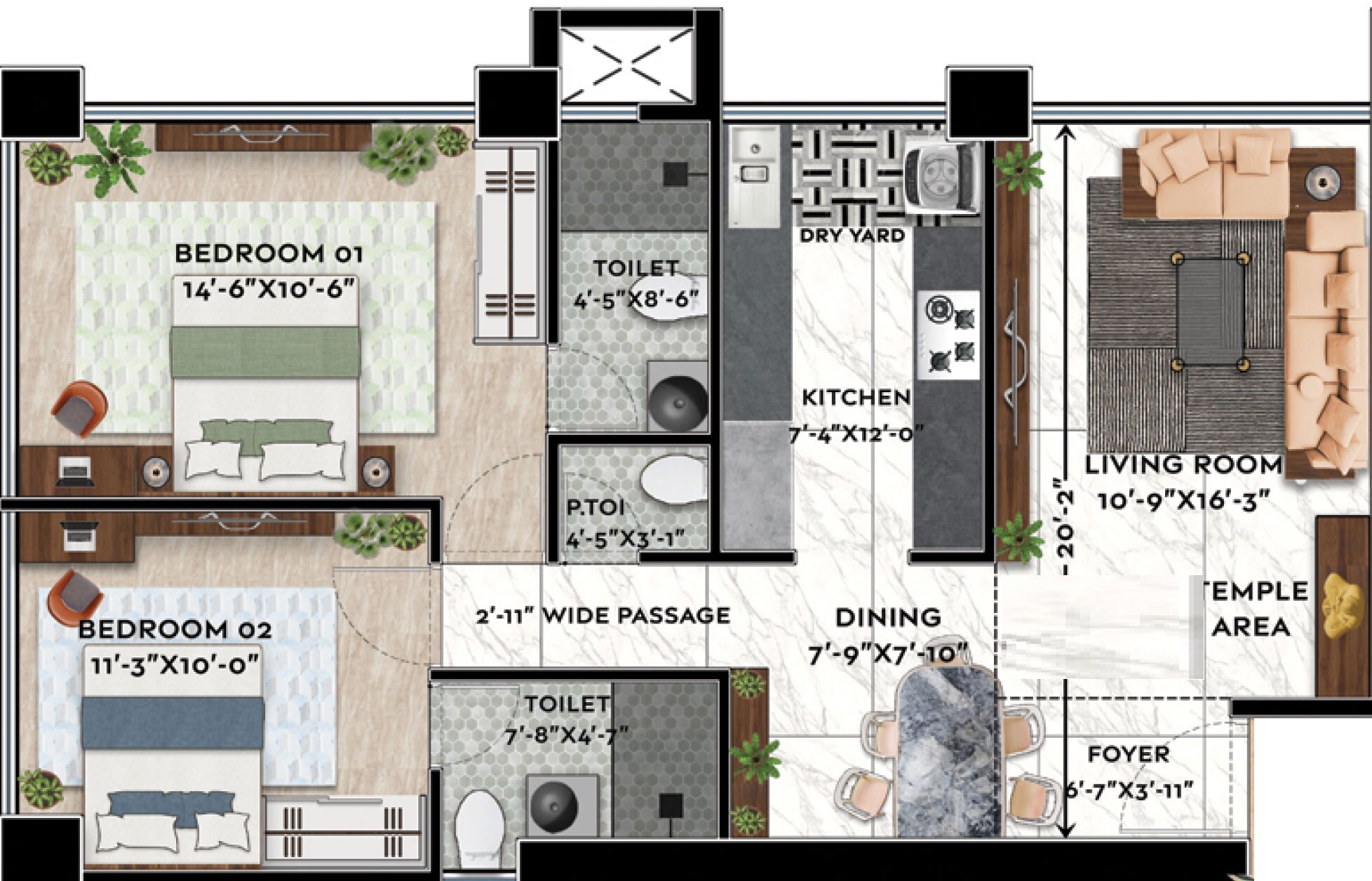 Floor plan of 2 BHK 781 Sq. Ft. Apartment in Shreeji Sky Rise, Mumbai