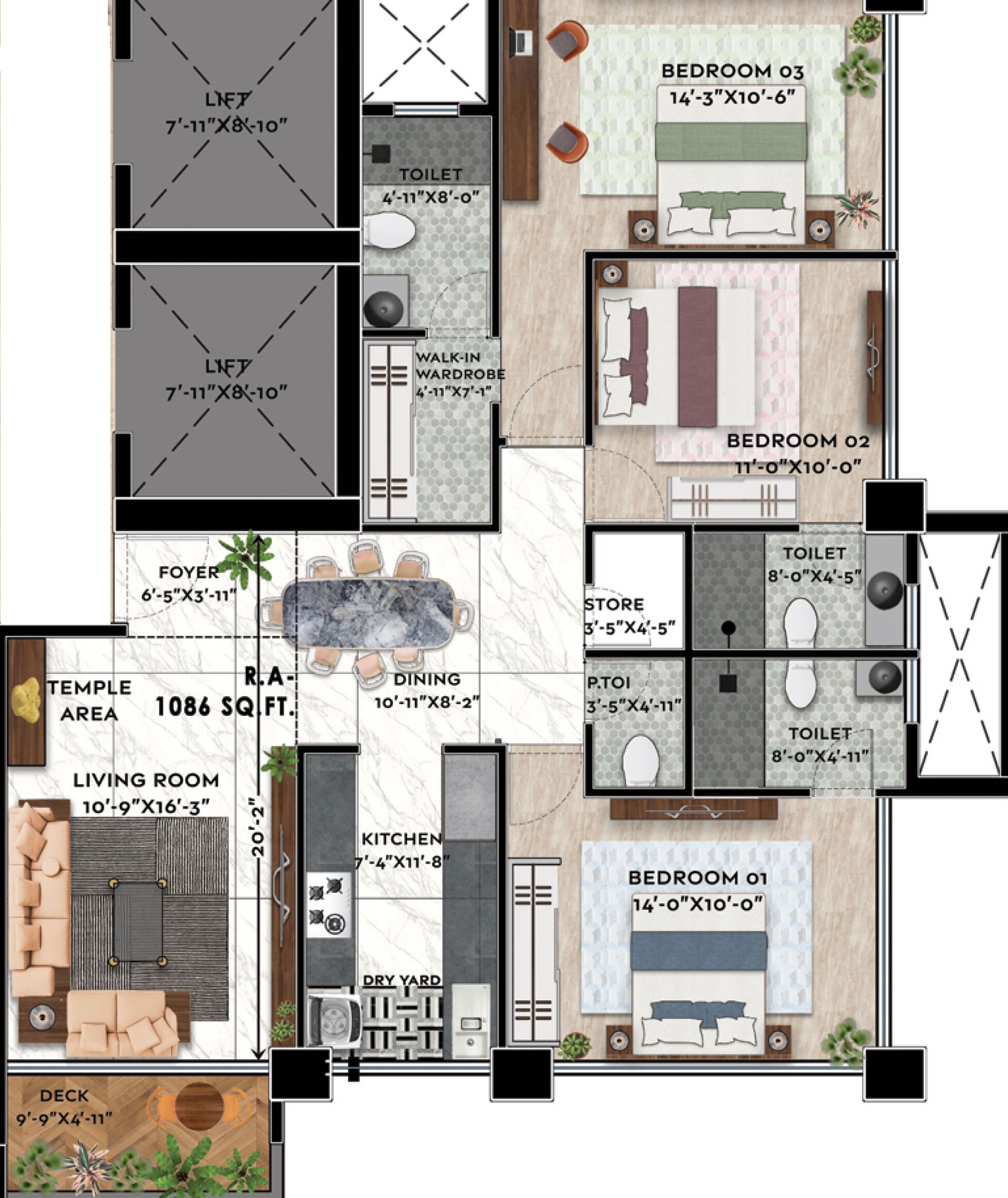 Floor plan of 3 BHK 1071 Sq. Ft. Apartment in Shreeji Sky Rise, Mumbai