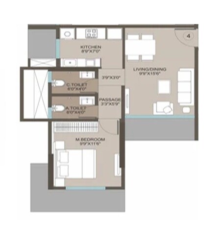 Floor plan of 1 BHK 298 Sq. Ft. Apartment in Shreeji Skyrise, Mumbai