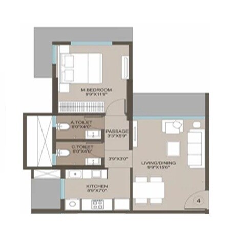 Floor plan of 1 BHK 438 Sq. Ft. Apartment in Shreeji Skyrise, Mumbai