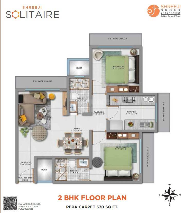 Floor plan of 2 BHK 566 Sq. Ft. Apartment in Shreeji Solitaire Kandivali, Mumbai