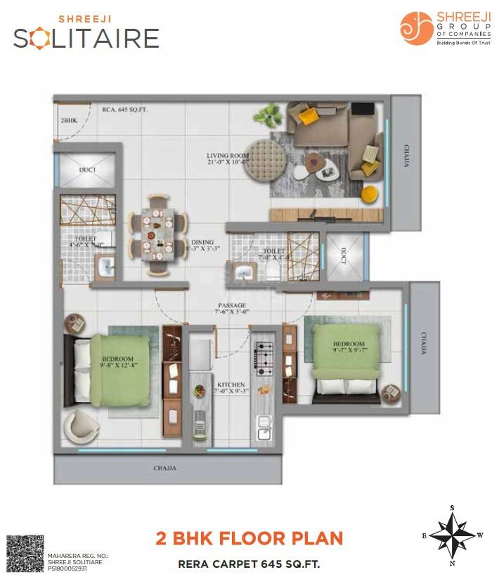Floor plan of 2 BHK 673 Sq. Ft. Apartment in Shreeji Solitaire Kandivali, Mumbai