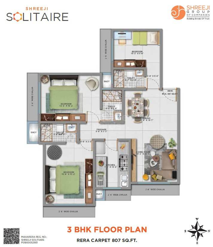 Floor plan of 3 BHK 807 Sq. Ft. Apartment in Shreeji Solitaire Kandivali, Mumbai