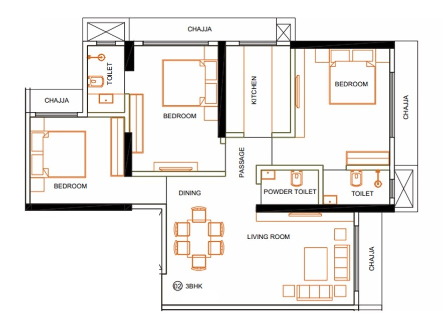 3 BHK 813 Sq. Ft. Apartment