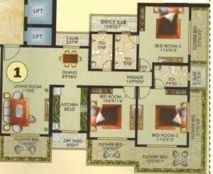 Floor plan of 3 BHK 957 Sq. Ft. Apartment in Shreenathji Odina, Mumbai