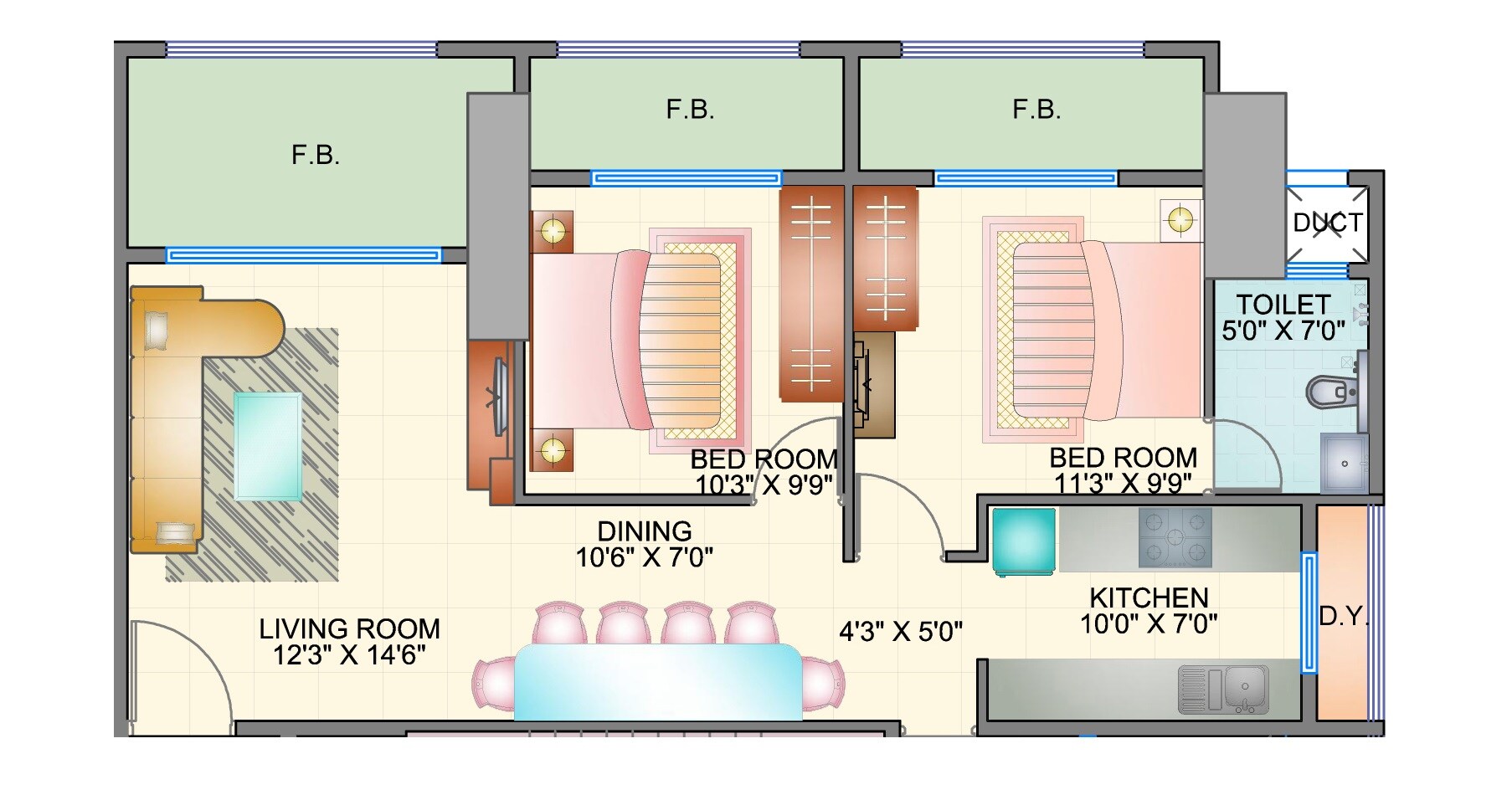 2 BHK 625 Sq. Ft. Apartment