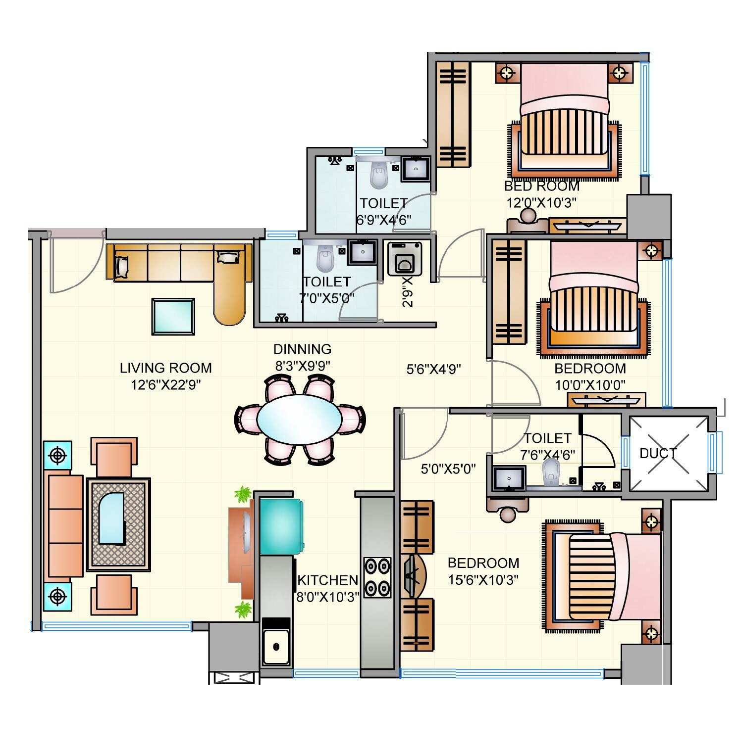 Floor plan of 3 BHK 1270 Sq. Ft. Apartment in Shreepati Group Castle, Mumbai