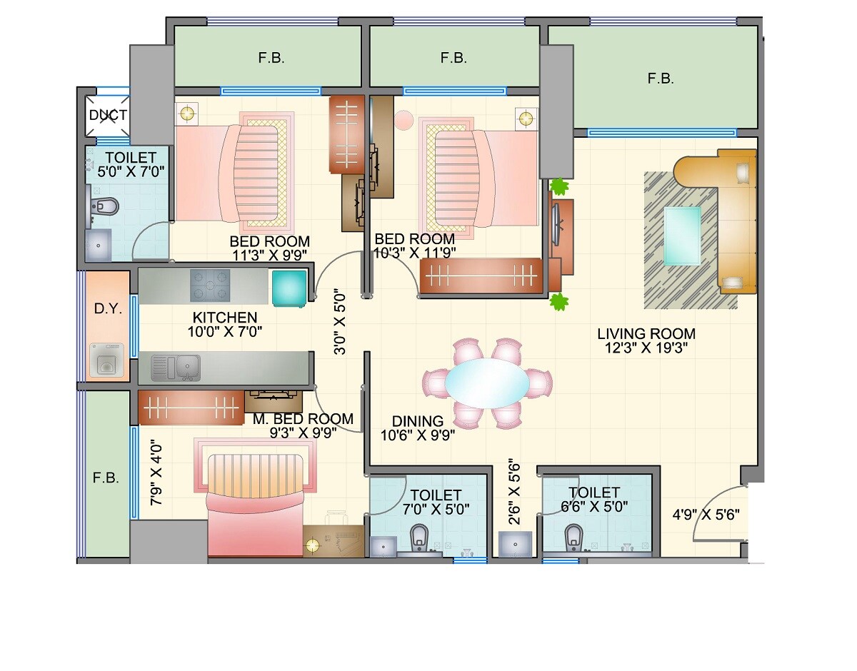 Floor plan of 3 BHK 940 Sq. Ft. Apartment in Shreepati Group Castle, Mumbai