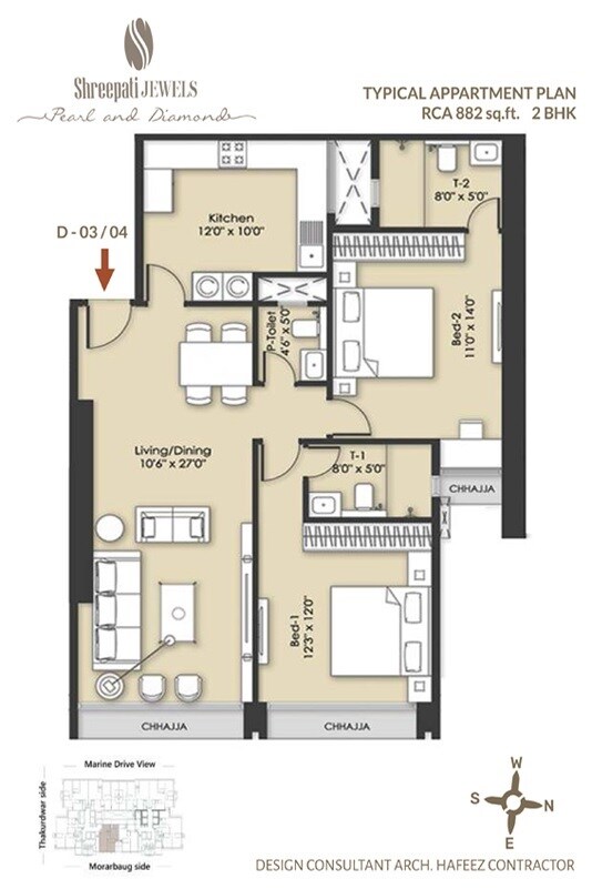 Floor plan of 2 BHK 882 Sq. Ft. Apartment in Shreepati Jewels Pearl and Diamond, Mumbai