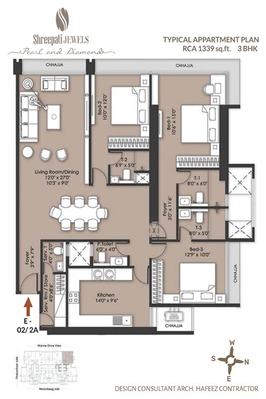 Floor plan of 3 BHK 1339 Sq. Ft. Apartment in Shreepati Jewels Pearl and Diamond, Mumbai