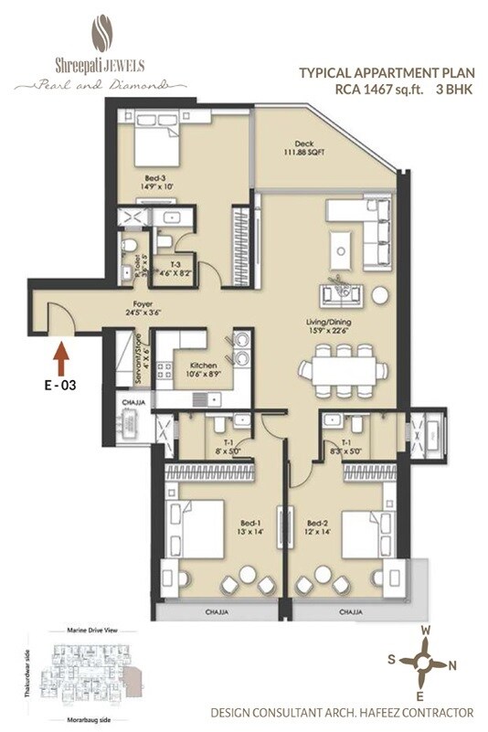 Floor plan of 3 BHK 1467 Sq. Ft. Apartment in Shreepati Jewels Pearl and Diamond, Mumbai