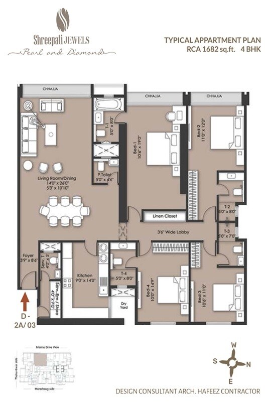 Floor plan of 4 BHK 1682 Sq. Ft. Apartment in Shreepati Jewels Pearl and Diamond, Mumbai