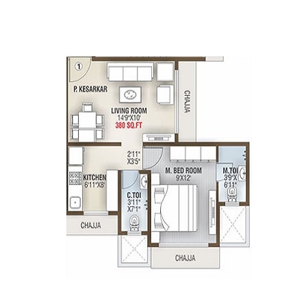 Floor plan of 1 BHK 380 Sq. Ft. Apartment in Shreeyog CHS, Mumbai
