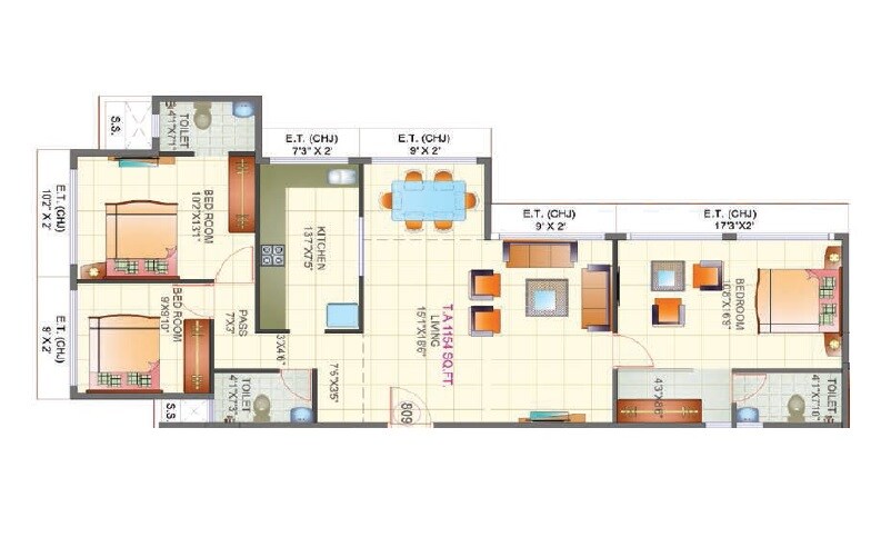 3 BHK 1154 Sq. Ft. Apartment
