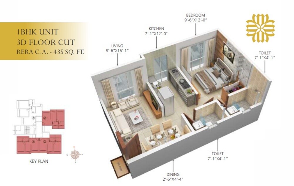 Floor plan of 1 BHK 435 Sq. Ft. Apartment in Shri Gagangiri Legacy, Mumbai