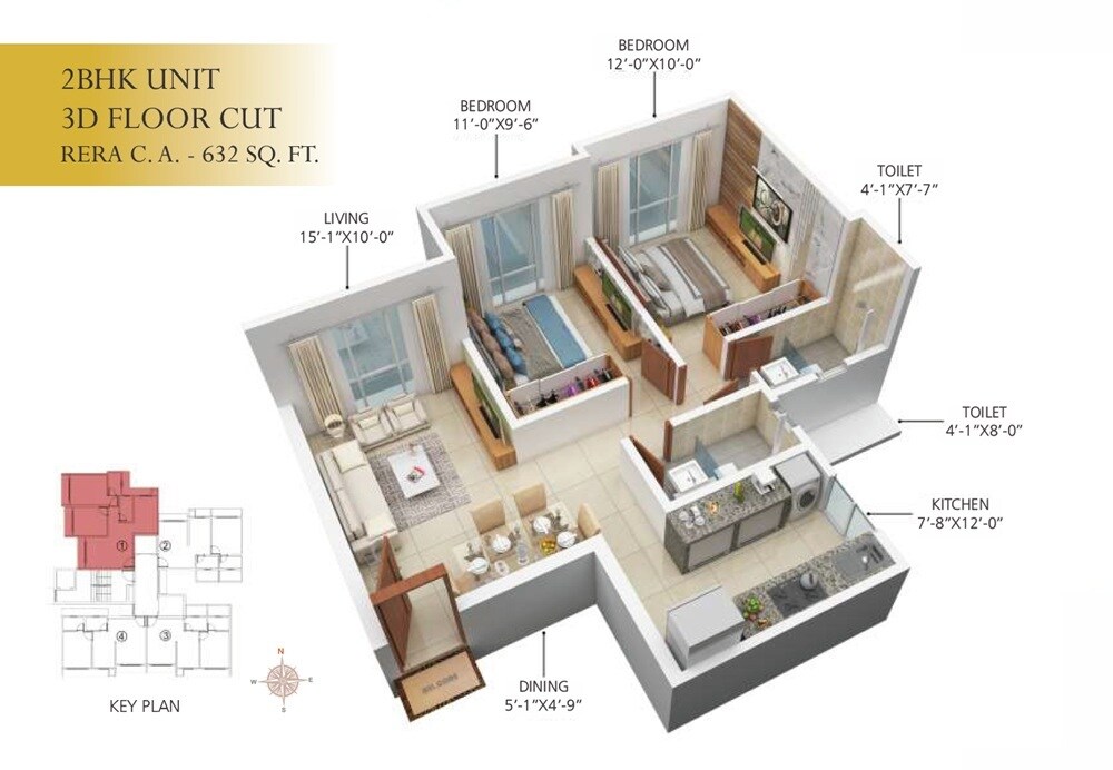 Floor plan of 2 BHK 632 Sq. Ft. Apartment in Shri Gagangiri Legacy, Mumbai