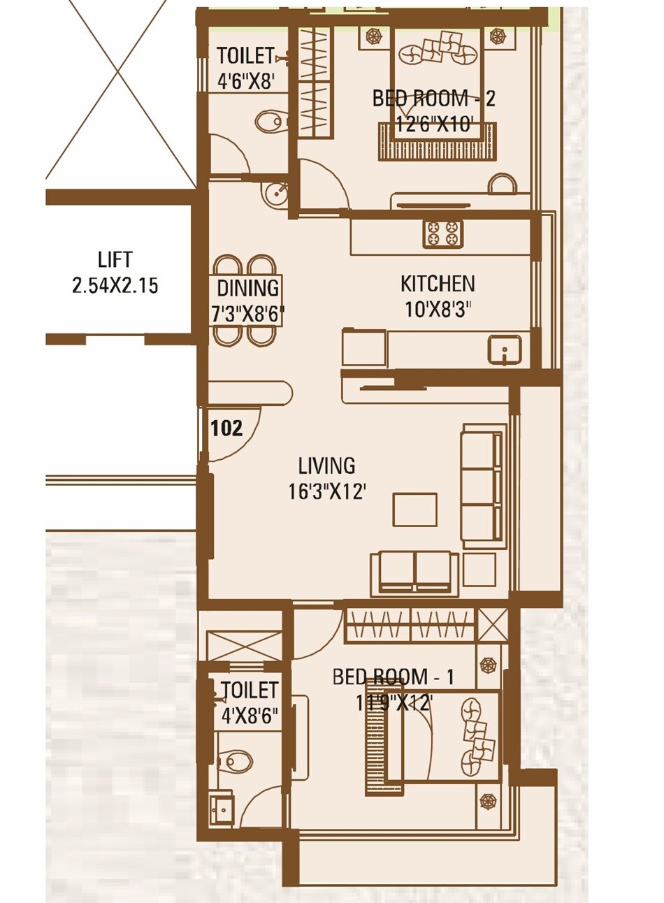 2 BHK 713 Sq. Ft. Apartment