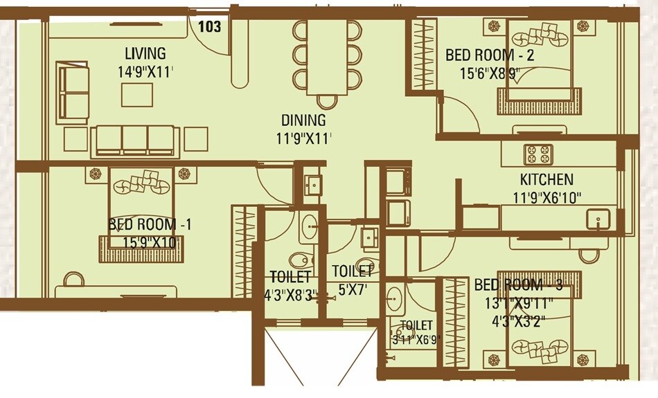 3 BHK 983 Sq. Ft. Apartment