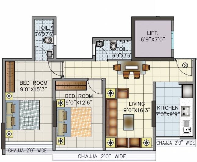 Floor plan of 2 BHK 544 Sq. Ft. Apartment in Shri Ganesh Royal Orchid, Mumbai