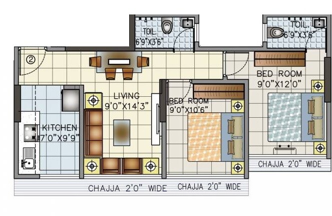 Floor plan of 2 BHK 615 Sq. Ft. Apartment in Shri Ganesh Royal Orchid, Mumbai