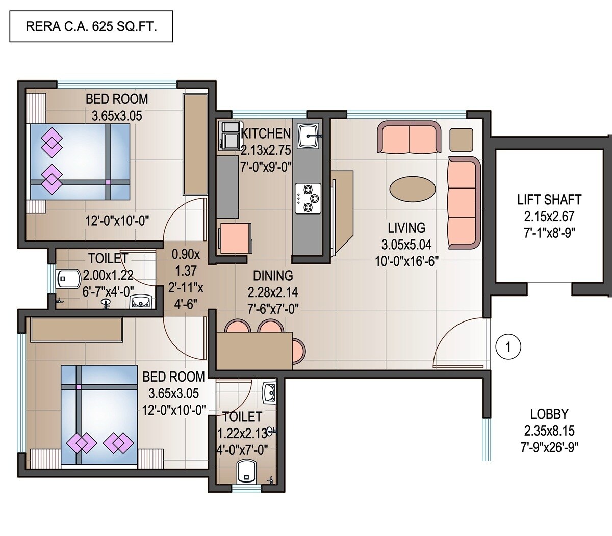 Floor plan of 2 BHK 625 Sq. Ft. Apartment in Shri Mahavir Krupa CHS, Mumbai