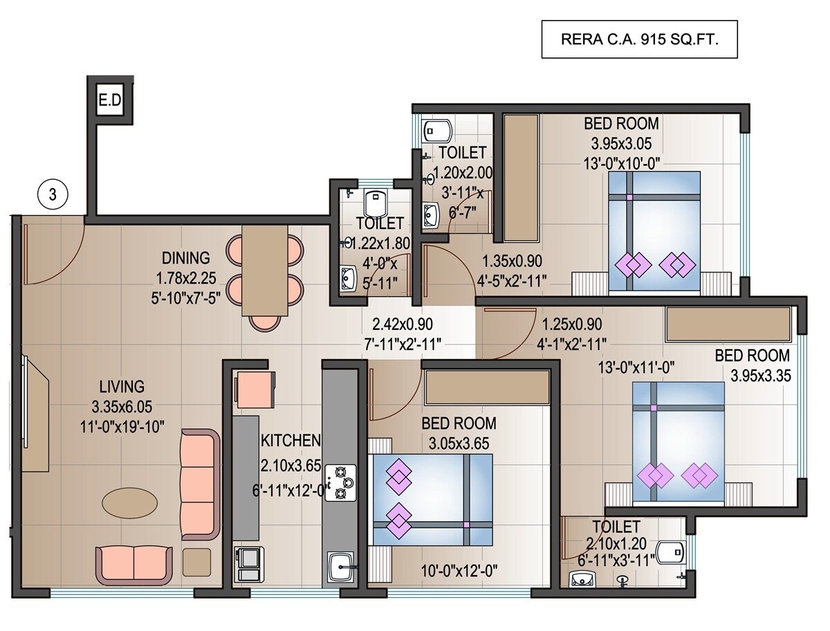 Floor plan of 3 BHK 915 Sq. Ft. Apartment in Shri Mahavir Krupa CHS, Mumbai