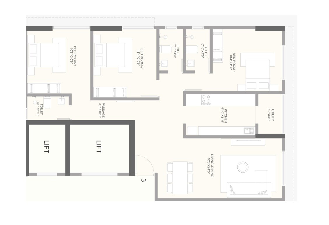 Floor plan of 3 BHK 948 Sq. Ft. Apartment in Shri Nakoda Ratan Address, Mumbai