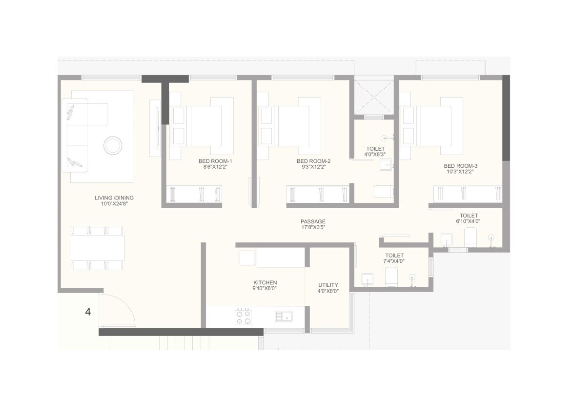 Floor plan of 3 BHK 959 Sq. Ft. Apartment in Shri Nakoda Ratan Address, Mumbai
