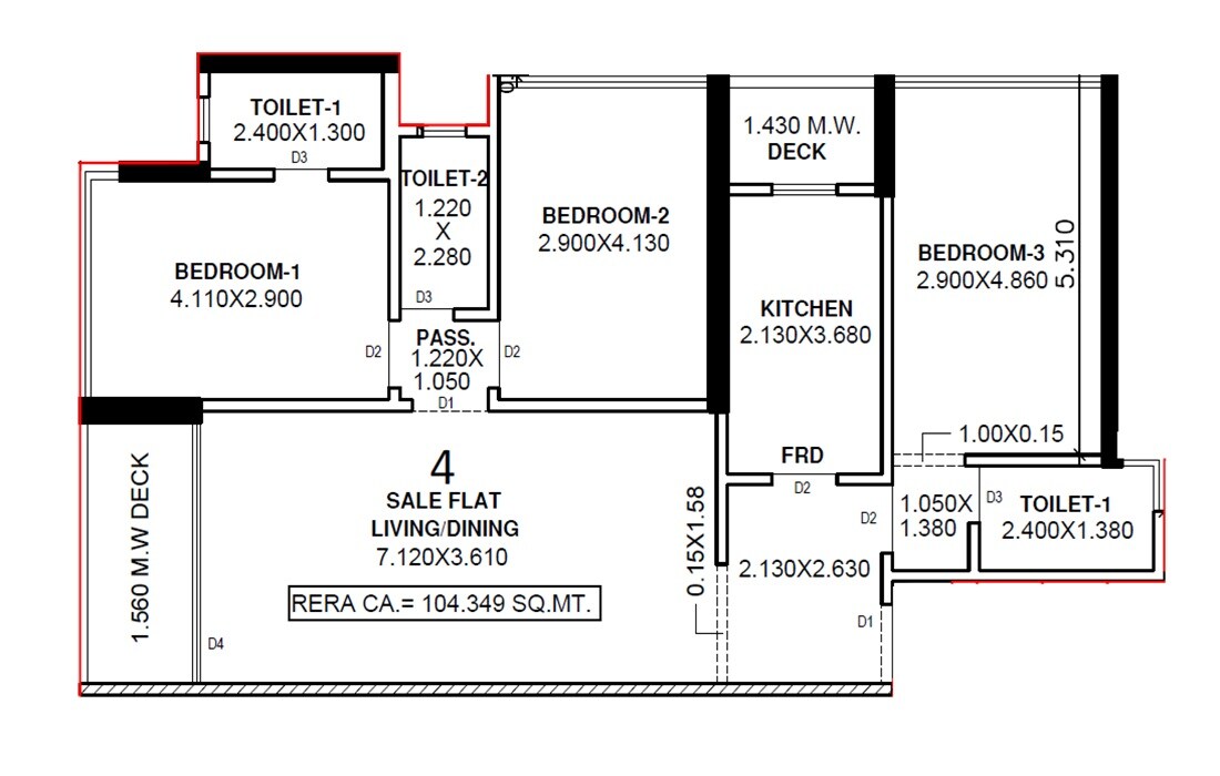 Floor plan of 3 BHK 1123 Sq. Ft. Apartment in Shri Ratan Elite, Mumbai